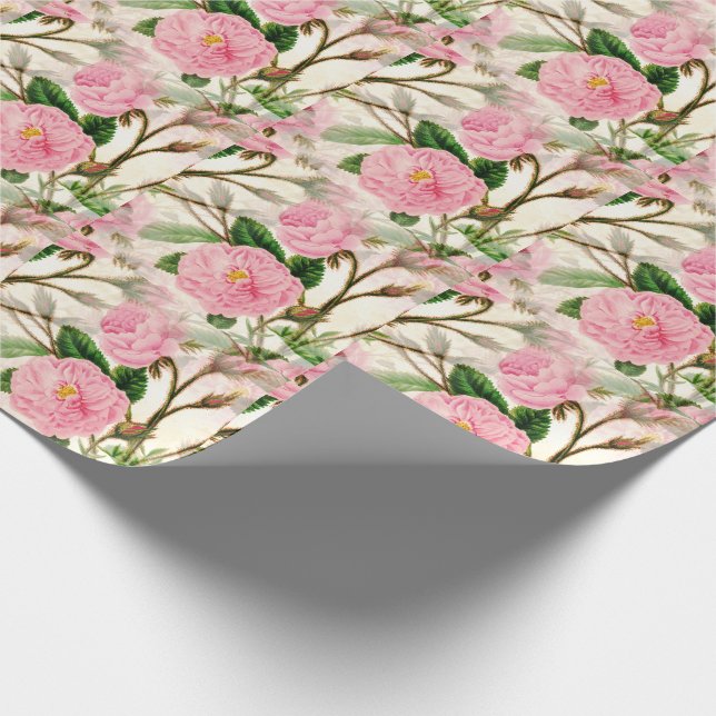 Papel De Regalo Patrón de flores, hojas y barras rosadas (Esquina)