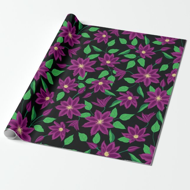 Papel De Regalo Patrón de flores moradas clematis (Desenrollado)