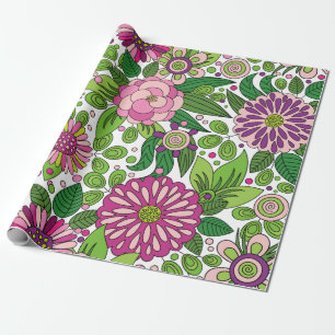 Papel De Regalo Patrón de flores moradas rosadas y verdes lindas