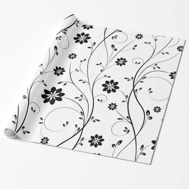 Papel De Regalo Patrón de flores negras y delgadas (Desenrollado)