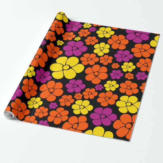 Papel De Regalo Patrón de flores - negro, rosa, Naranja y amarillo (Desenrollado)