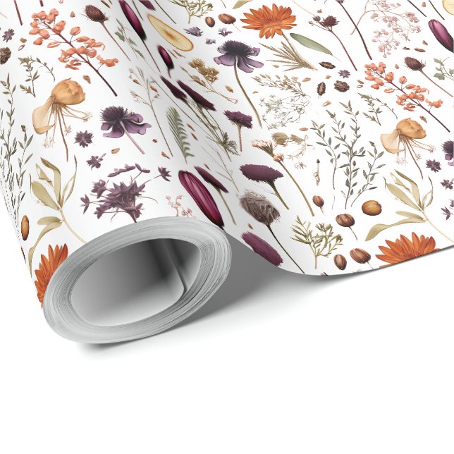 Papel De Regalo Patrón de Flores Presionadas Boho (Esquina del rollo)