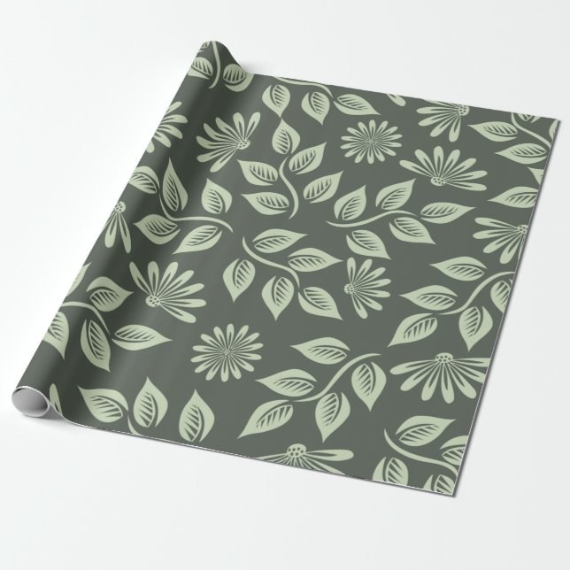 Papel De Regalo Patrón de flores primavera verde (Desenrollado)