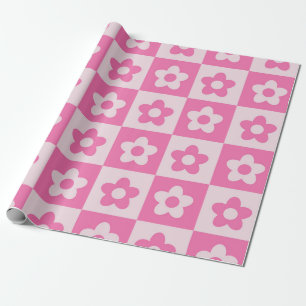 Papel De Regalo Patrón de flores retro blancas y rosadas en calien