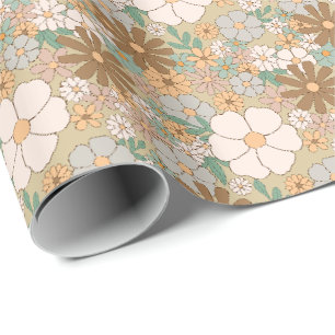 Papel De Regalo Patrón de flores retro boho neutro en tonos terros
