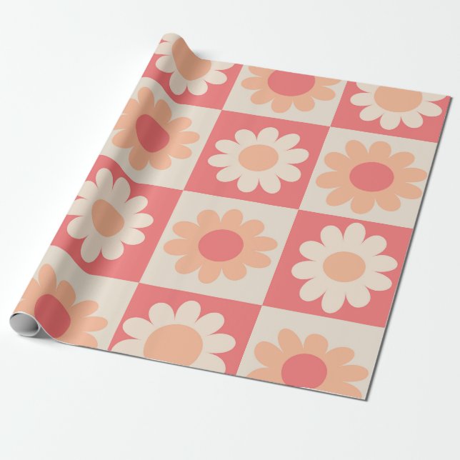 Papel De Regalo Patrón de flores retro con melocotón jaspeado (Desenrollado)