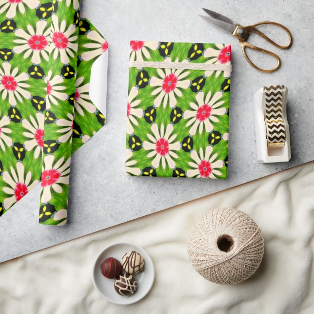 Papel De Regalo Patrón de flores rosadas y blancas (Artesanía)