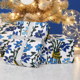 Papel De Regalo Patrón de flores silvestres en acuarela azul sobre
