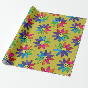 Papel De Regalo Patrón de flores sonrientes arcoíris retro