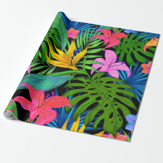 Papel De Regalo Patrón de flores tropicales hawaianas (Desenrollado)