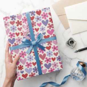 Papel De Regalo Patrón de flores y corazones rosados y morados roj