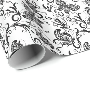 Papel De Regalo Patrón de flores y mariposas blancas y negras