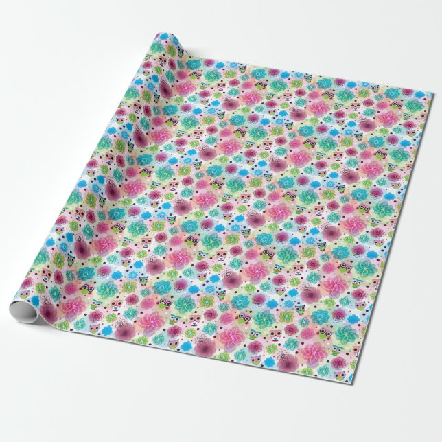 Papel De Regalo Patrón de fondo de búho de flor mate (Desenrollado)