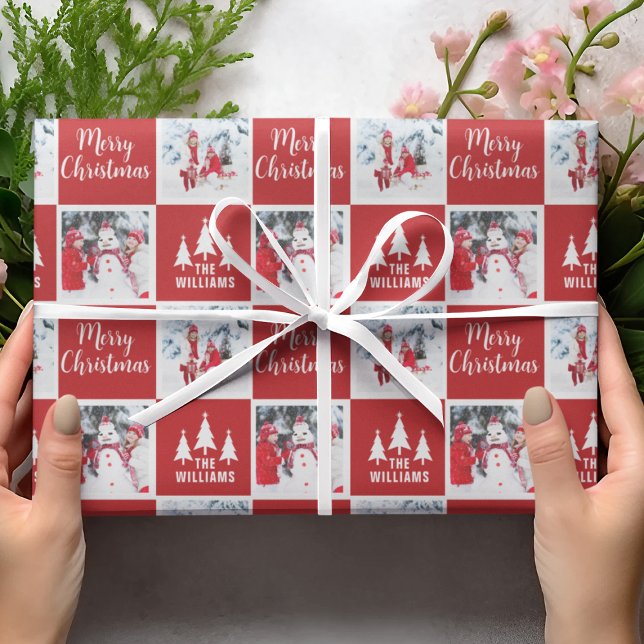 Papel De Regalo Patrón de foto de nombre personalizado Navidad de  (Custom Name Photo Pattern Red Merry Christmas Wrapping Paper
)