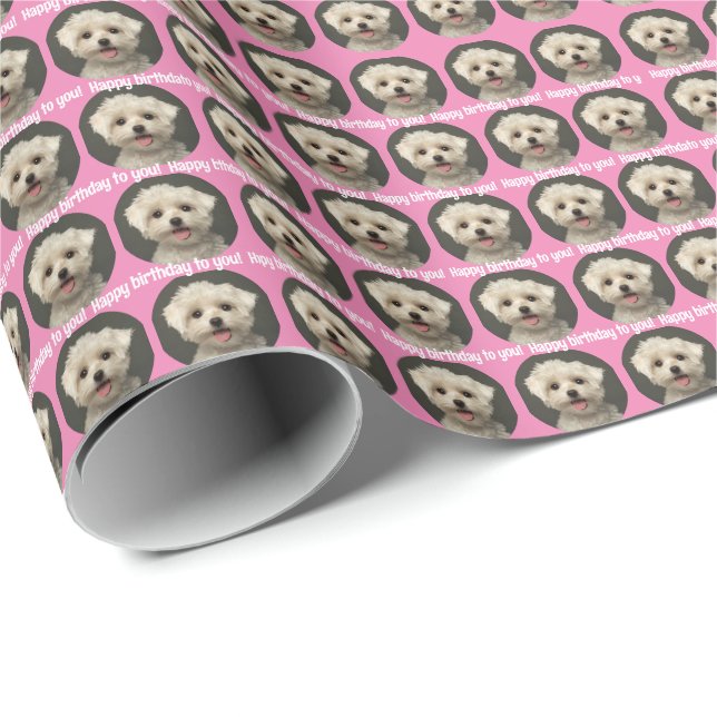 Papel De Regalo Patrón de fotos de Mascota rosado lindo Feliz cump (Esquina del rollo)