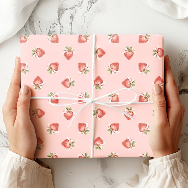 Papel De Regalo Patrón de fresa Coquette Bow rosa (Subido por el creador)