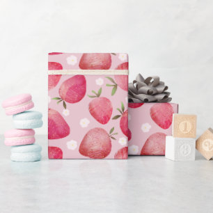 Papel De Regalo Patrón de fresa de acuarela roja y rosa moderno