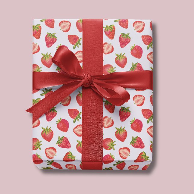 Papel De Regalo Patrón de Fresa de Verano Rosa (Cute strawberry summer fruit wrapping paper, ideal for birthdays gift wrap.)