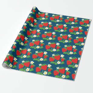 Papel De Regalo Patrón de Fresa y Flores Azul