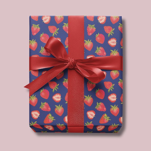 Papel De Regalo Patrón de fruta de fresa (Strawberry wrapping paper on royal blue background)