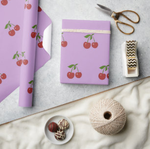 Papel De Regalo Patrón de Frutas de Cereza Roja Púrpura Retro Feme