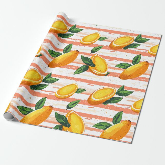 Papel De Regalo Patrón de frutas de mango con hojas verdes (Desenrollado)