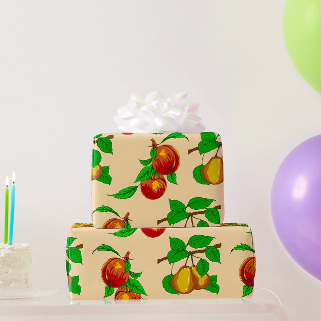 Papel De Regalo Patrón de Frutas de Melocotón y Pera Botánica Rúst (Subido por el creador)