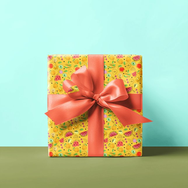 Papel De Regalo Patrón de frutas de verano | Amarillo brillante (Subido por el creador)
