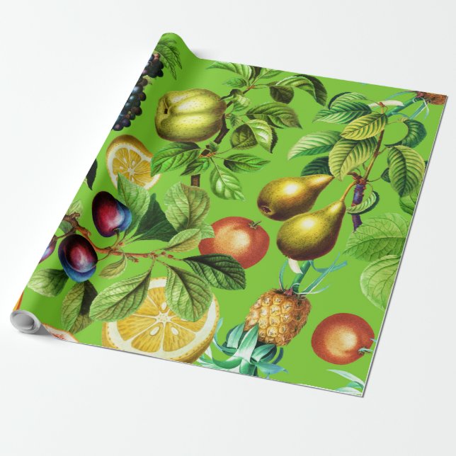Papel De Regalo Patrón de frutas sobre fondo verde (Desenrollado)