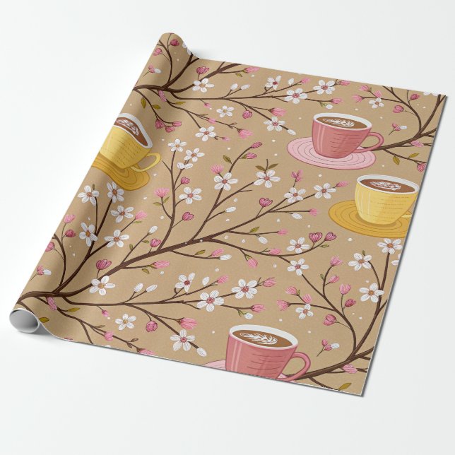Papel De Regalo Patrón de funda de café Flor de Cerezo (4) (Desenrollado)