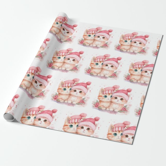 Papel De Regalo Patrón de gato de Navidades rosados (Desenrollado)