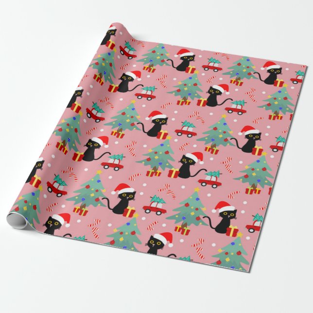 Papel De Regalo Patrón de gato negro de los navidades (Desenrollado)