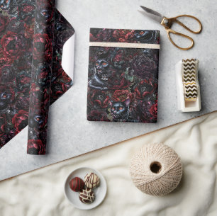 Papel De Regalo Patrón de gato negro gótico y flores oscuras
