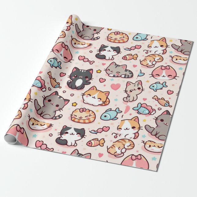 Papel De Regalo Patrón de gatos Kawaii Adorable (Desenrollado)