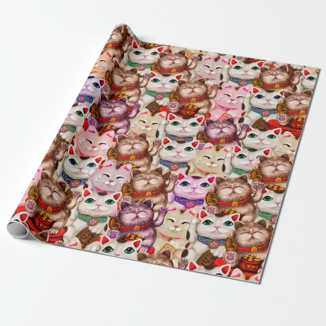 Papel De Regalo Patrón de gatos Maneki-neko (Desenrollado)