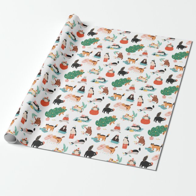 Papel De Regalo Patrón de gatos y árboles de Navidad juguetones (Desenrollado)
