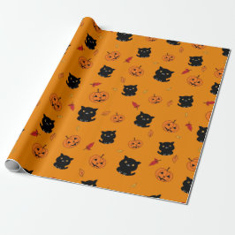 Papel De Regalo Patrón De Gatos Y Calabazas Negros De Halloween