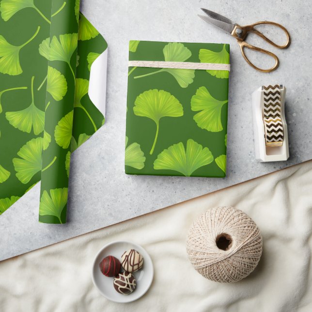 Papel De Regalo Patrón de Ginkgo en verde oscuro (Artesanía)