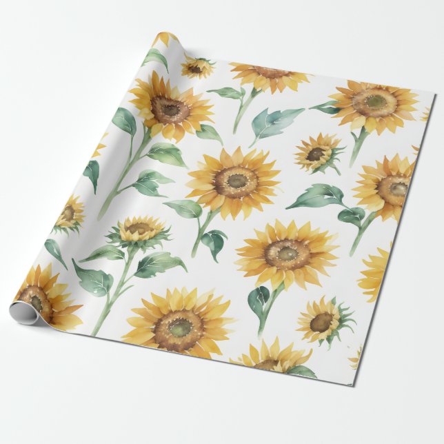 Papel De Regalo Patrón de girasol acuarela Botánica (Desenrollado)