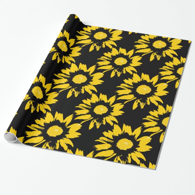 Papel De Regalo Patrón de girasol amarillo y negro (Desenrollado)