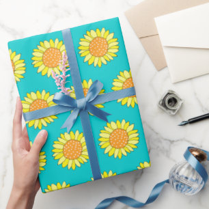 Papel De Regalo Patrón de girasol Aqua, Naranja amarillo dibujado