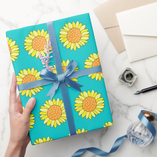Papel De Regalo Patrón de girasol Aqua, Naranja amarillo dibujado  (Regalar)