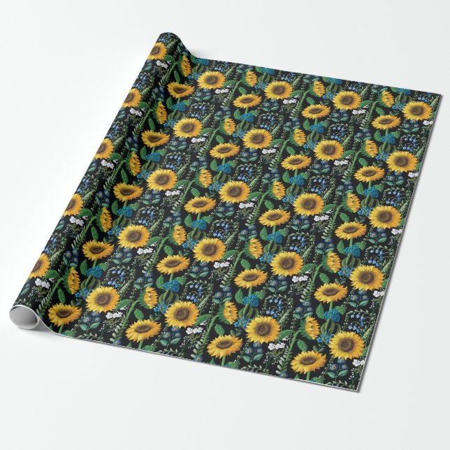 Papel De Regalo Patrón de girasol de fondo negro (Desenrollado)