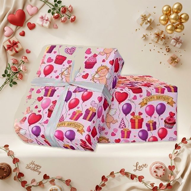 Papel De Regalo Patrón de globo de cumpleaños de Cupido rosa capri (Subido por el creador)
