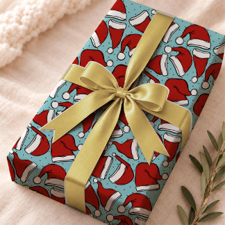 Papel De Regalo Patrón de Gorro de Santa Retro Azul Acuático Lindo
