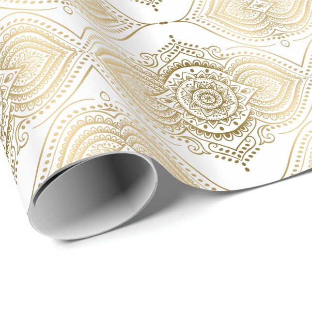 Papel De Regalo Patrón de gotas de oro y blanco ornato (Esquina del rollo)