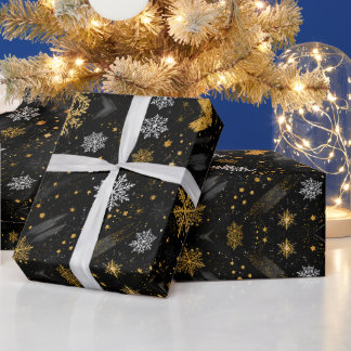 Papel De Regalo Patrón de Grunge Negro con Copo de Nieve Dorado y 