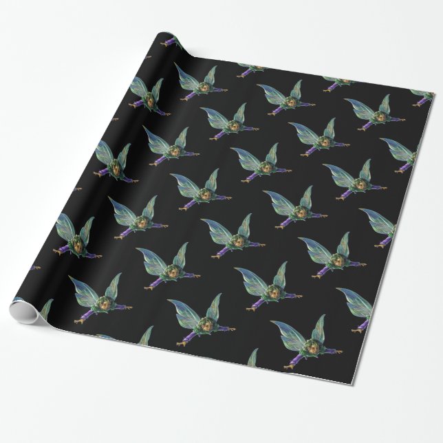 Papel De Regalo Patrón de Hada de Fantasía sobre Negro (Desenrollado)
