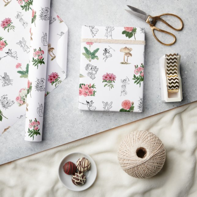 Papel De Regalo Patrón de hadas rosadas florales y champiñones (Artesanía)