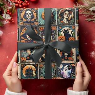 Papel De Regalo Patrón de Halloween de Bruja de Calabaza Retro Vin
